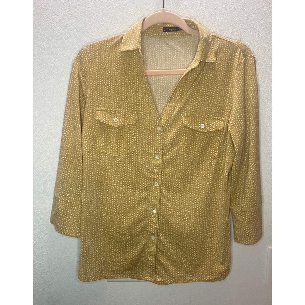 J.McLaughlin Button Down Shirt Women's Medium Mustard Yellow  Dot Print Preppy